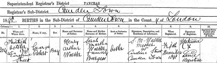 Birth certificate for George Robert Walker